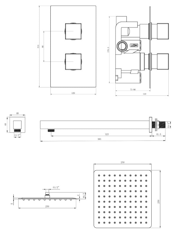 Brushed Brass Square Concealed Thermostatic Shower Kit