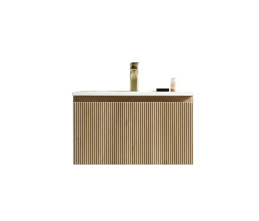 Bathroom vanity with gold faucet and fixtures on a white background