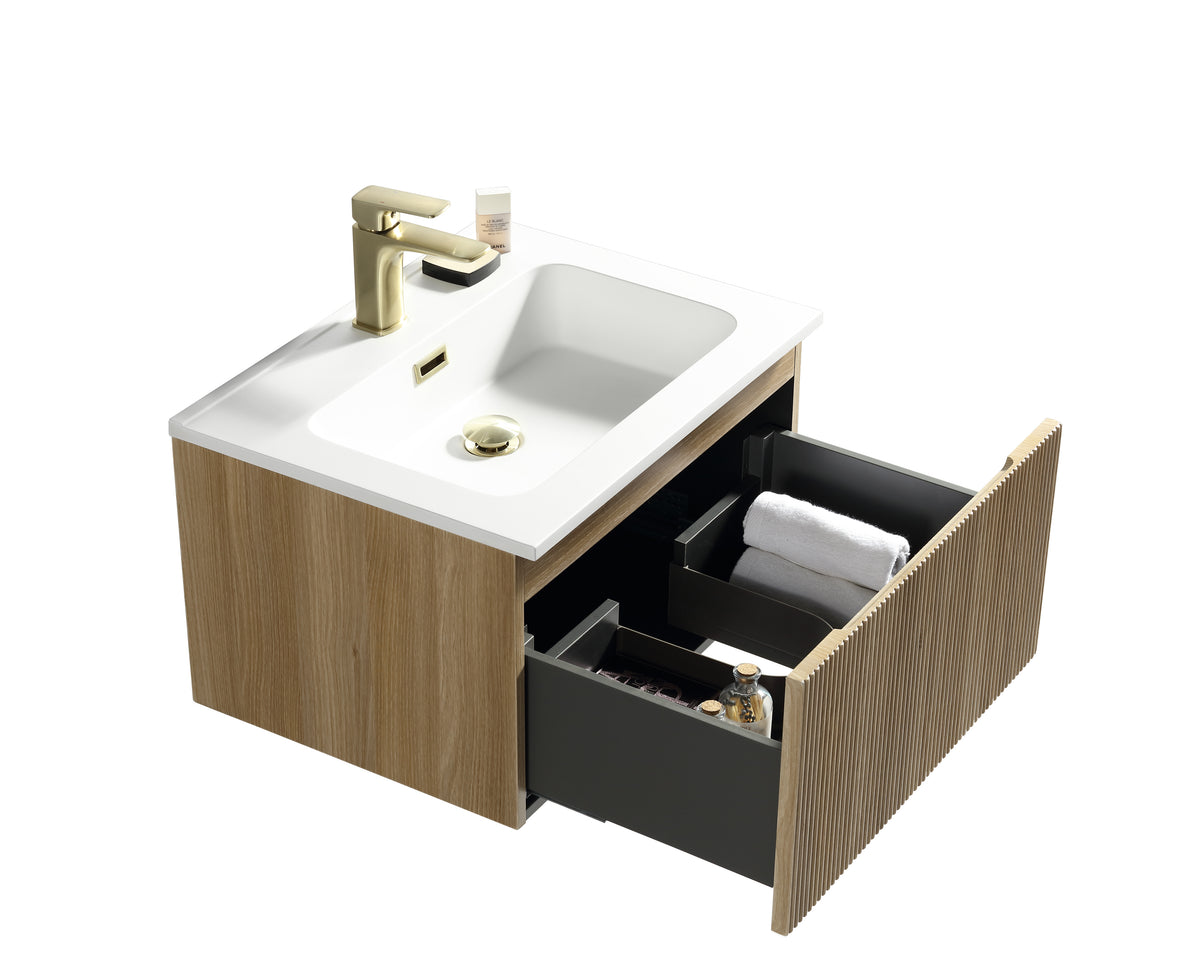 Bathroom vanity with sink and open drawer on a white background