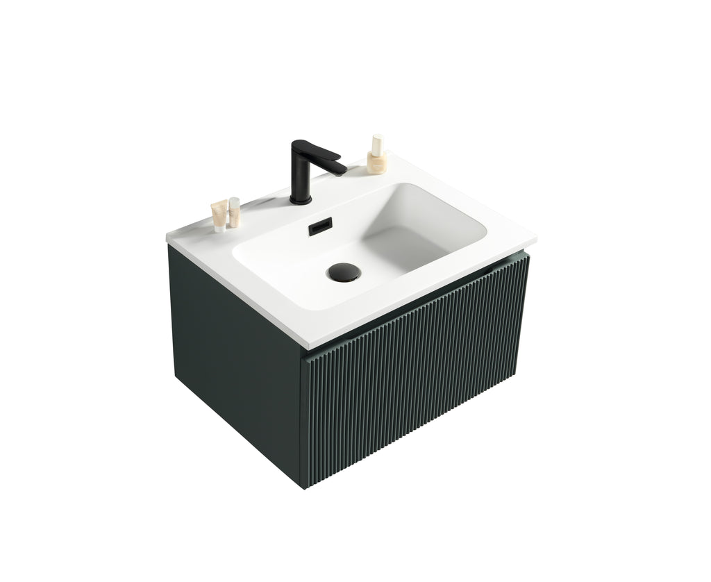 Bathroom vanity with white sink and black faucet on a white background