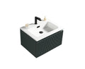 Bathroom vanity with white sink and black faucet on a white background