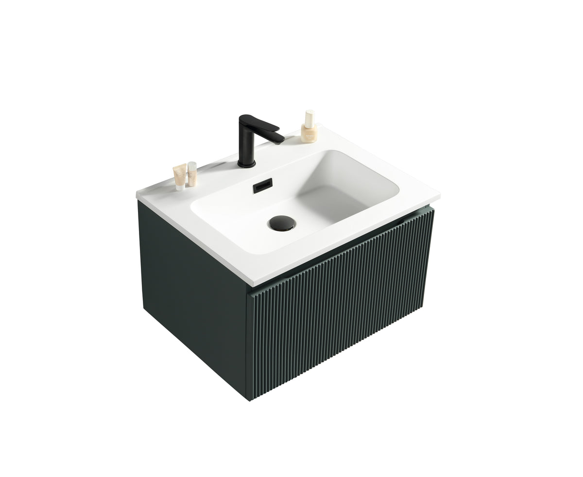 Bathroom vanity with white sink and black faucet on a white background