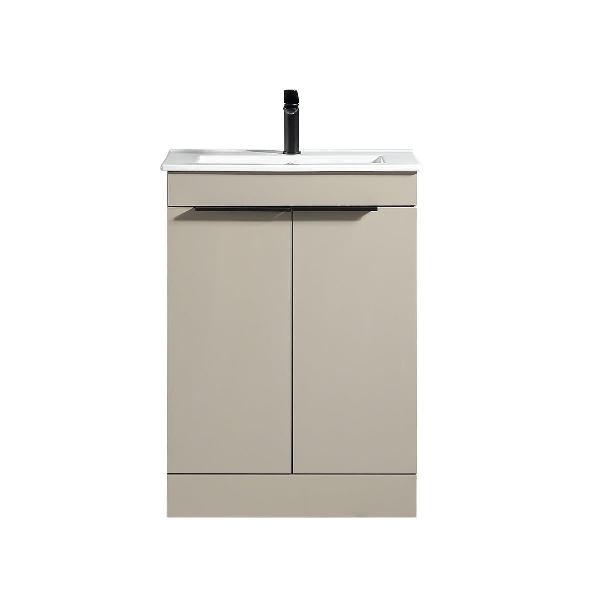 A modern bathroom vanity cabinet with two doors, a white integrated sink, and a black faucet, shown against a plain white background.