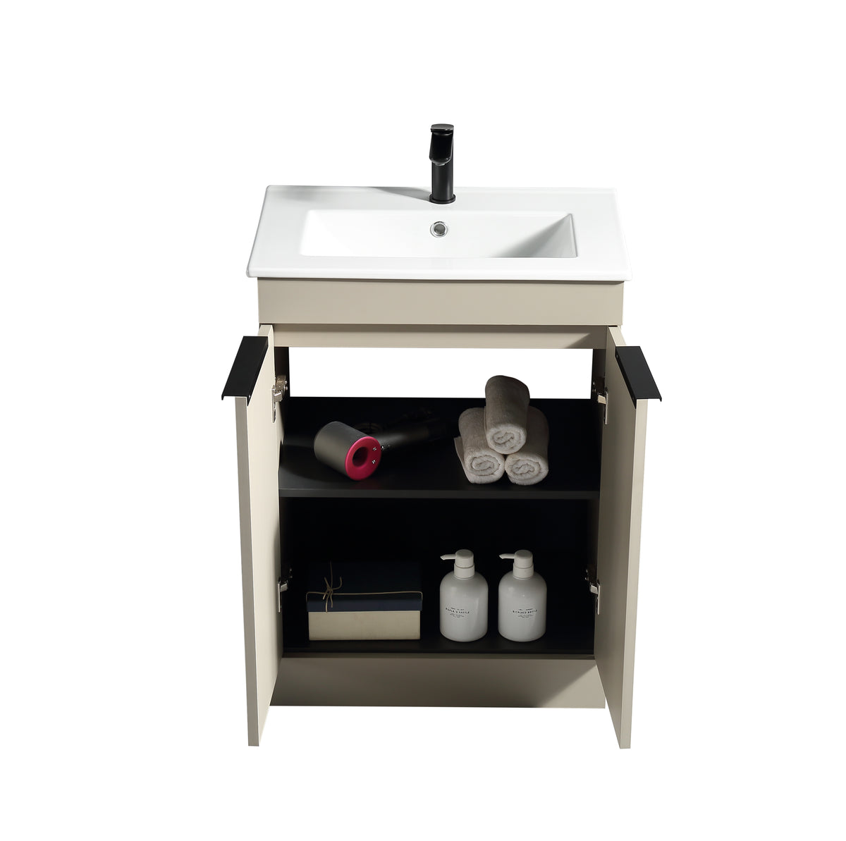 Bathroom vanity with sink and open cabinet showing toiletries on a white background