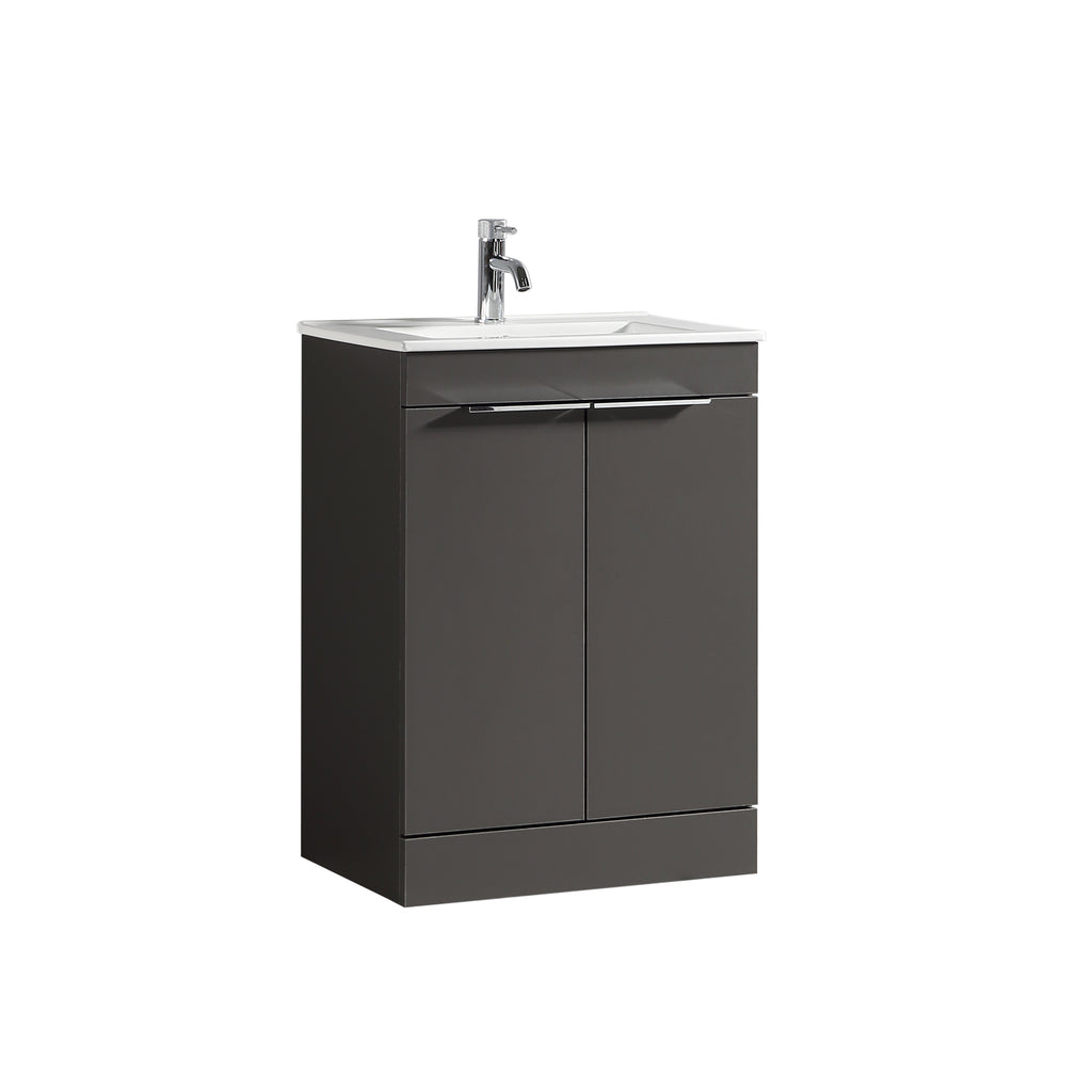 A modern wall-mounted bathroom vanity with a dark gray cabinet, white integrated sink, and a chrome single-lever faucet, shown on a plain white background.