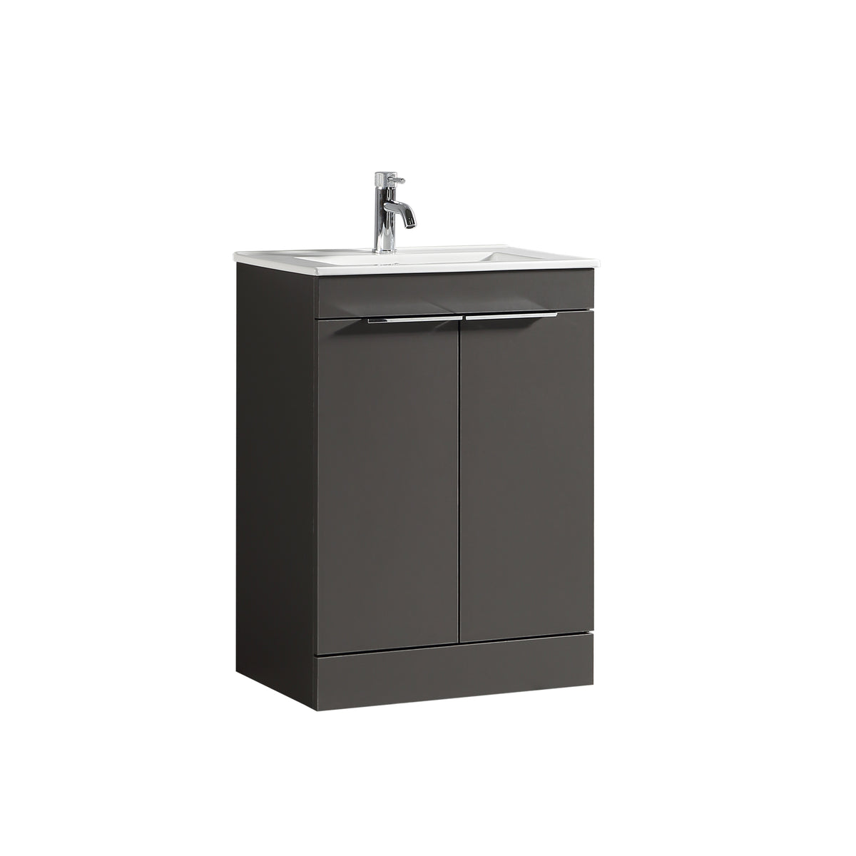 A modern wall-mounted bathroom vanity with a dark gray cabinet, white integrated sink, and a chrome single-lever faucet, shown on a plain white background.