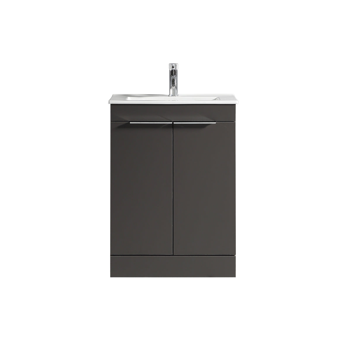 A modern wall-mounted bathroom vanity with a dark gray wood-look cabinet, a white integrated sink countertop, and a chrome faucet, shown against a plain white background.