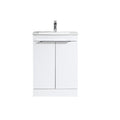 A modern white bathroom vanity cabinet with two doors, a chrome horizontal bar handle, and an integrated white sink with a tall chrome faucet, shown against a plain white background.