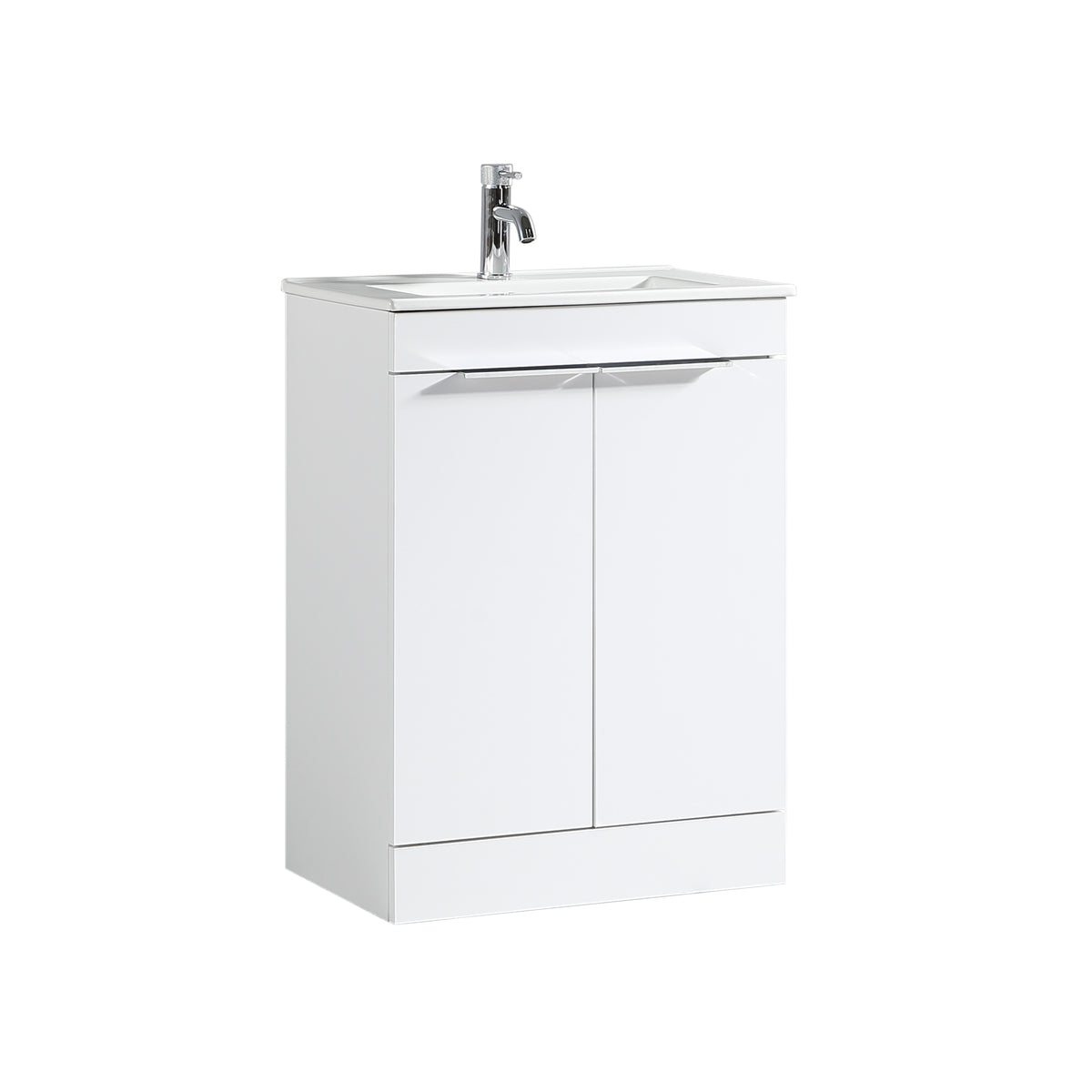 White bathroom vanity with sink and faucet on a white background