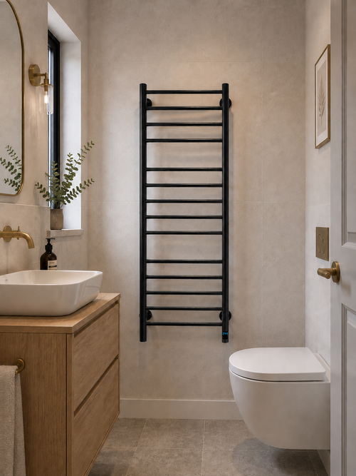 Bathroom interior with a towel rack, sink, and toilet.