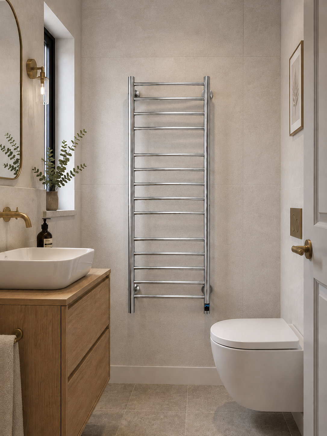 Bathroom interior with a towel radiator, sink, and toilet.