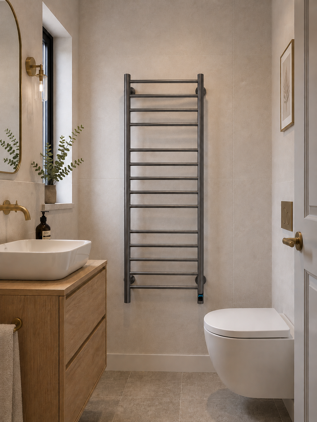 Bathroom interior with a towel radiator, sink, and toilet.