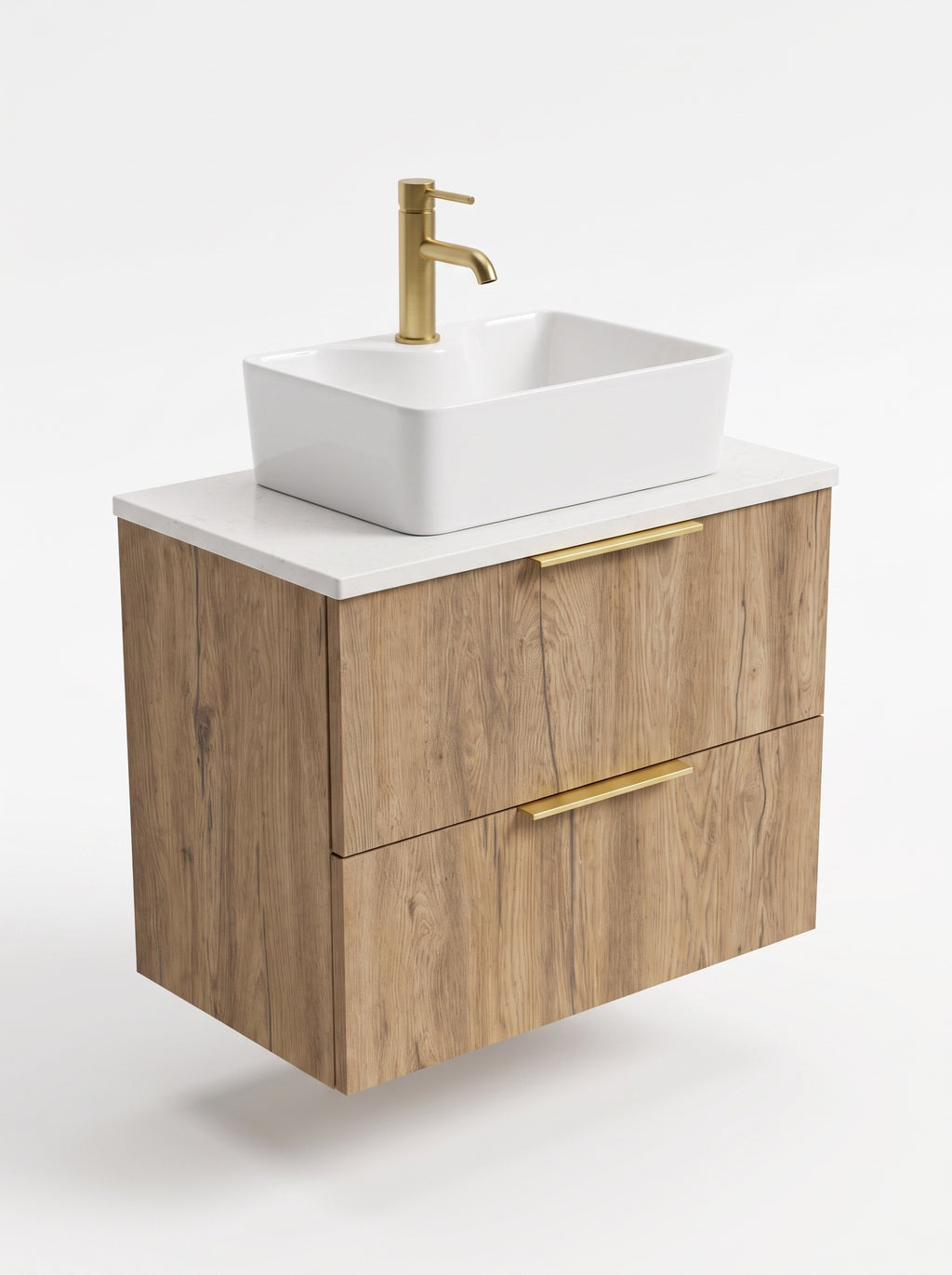 A modern floating bathroom vanity with a light oak wood grain finish, a white countertop, a white rectangular vessel sink, and a brushed gold faucet and drawer pulls, shown against a clean white background.