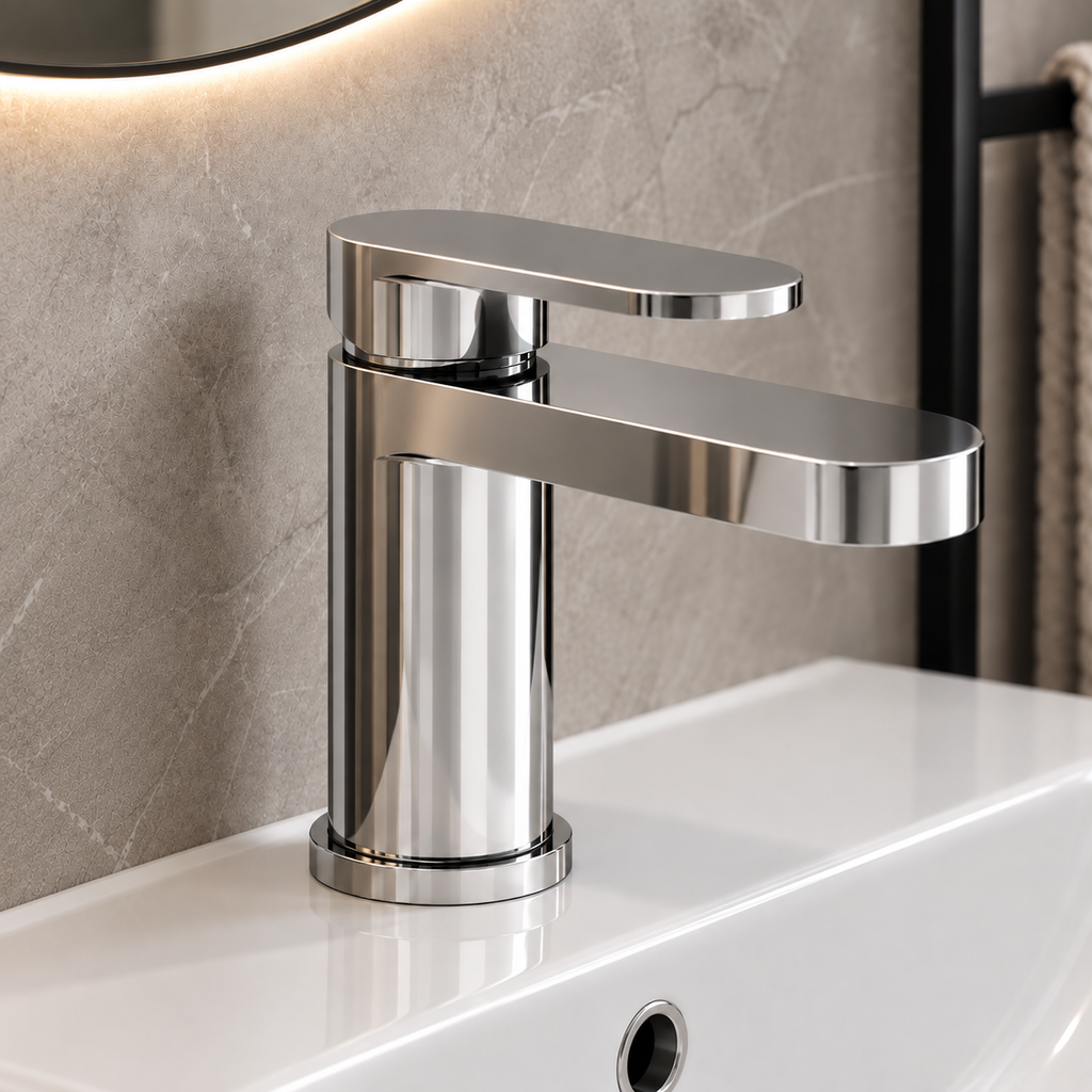 A modern single-handle bathroom faucet with a polished chrome finish, mounted on a white ceramic sink against a textured gray stone wall.