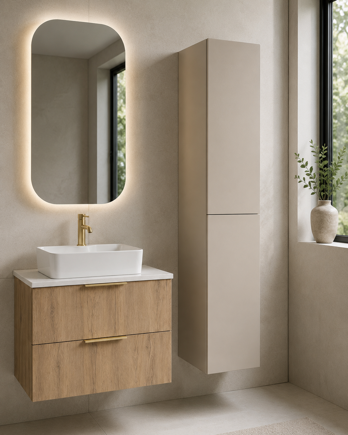 Leymere Wall Hung Tall Bathroom Storage Unit - Cashmere