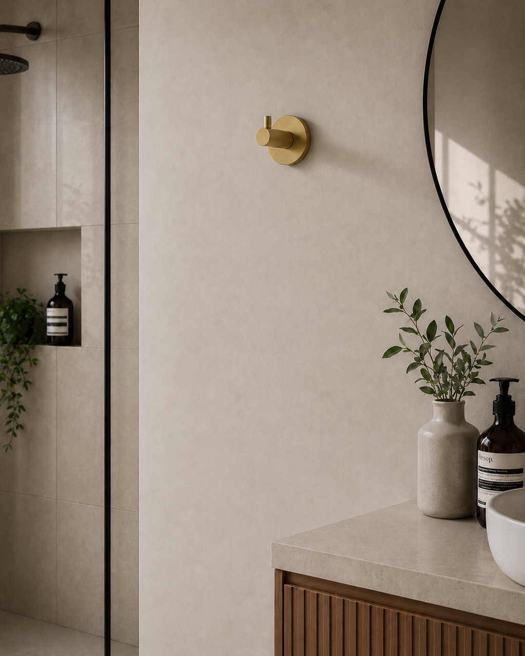 Bathroom interior with a gold hook on the wall, a vase with greenery, and bathroom products.