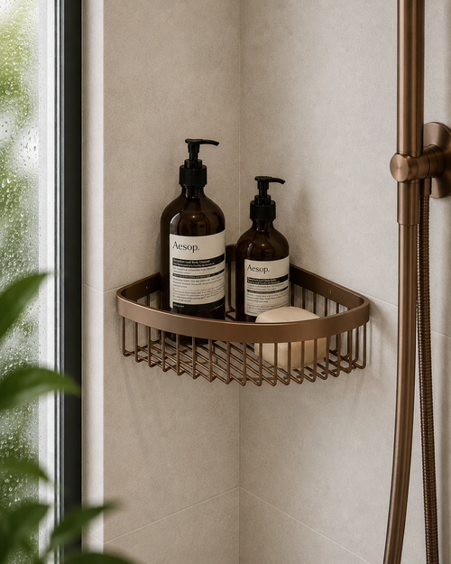 Two bottles of Aesop products on a shower caddy in a bathroom.