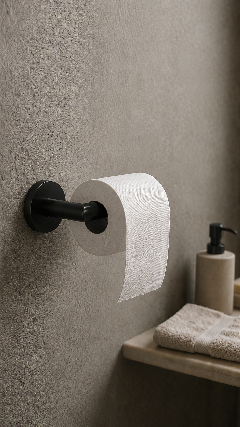 Black toilet paper holder with a roll of toilet paper on a textured wall, next to a sink with a towel and soap dispenser.
