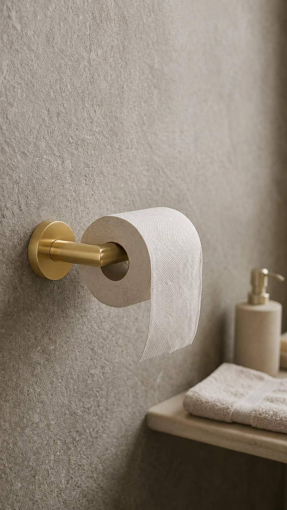 Gold toilet paper holder with a roll of toilet paper on a textured wall.