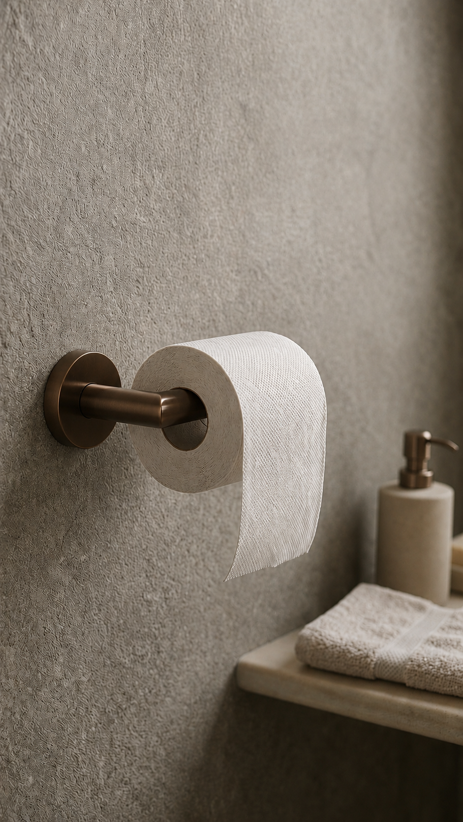 Roll of toilet paper on a brass holder against a textured wall with a sink and soap dispenser.