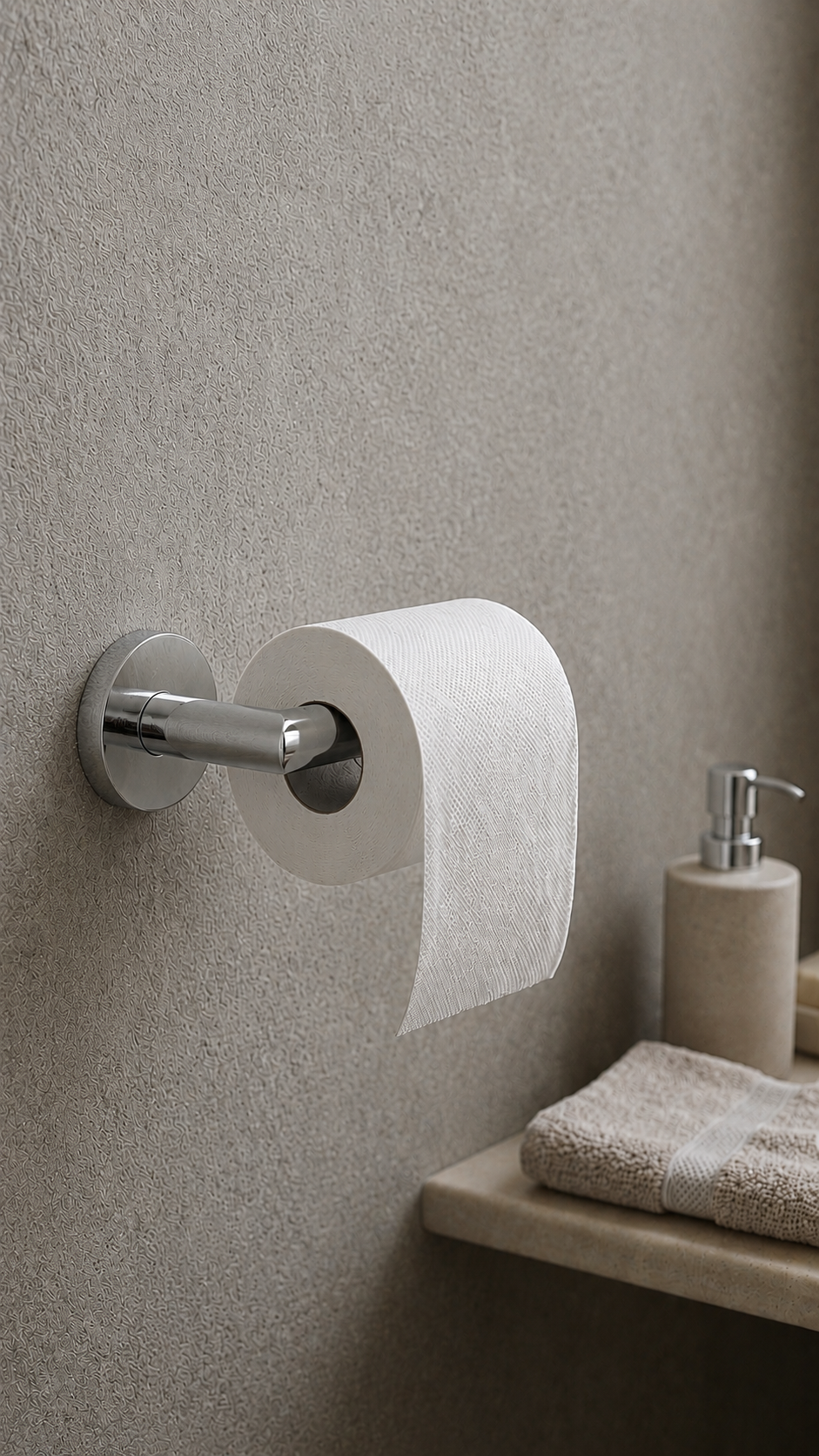 Toilet paper roll on a holder against a textured wall with a soap dispenser and towel.