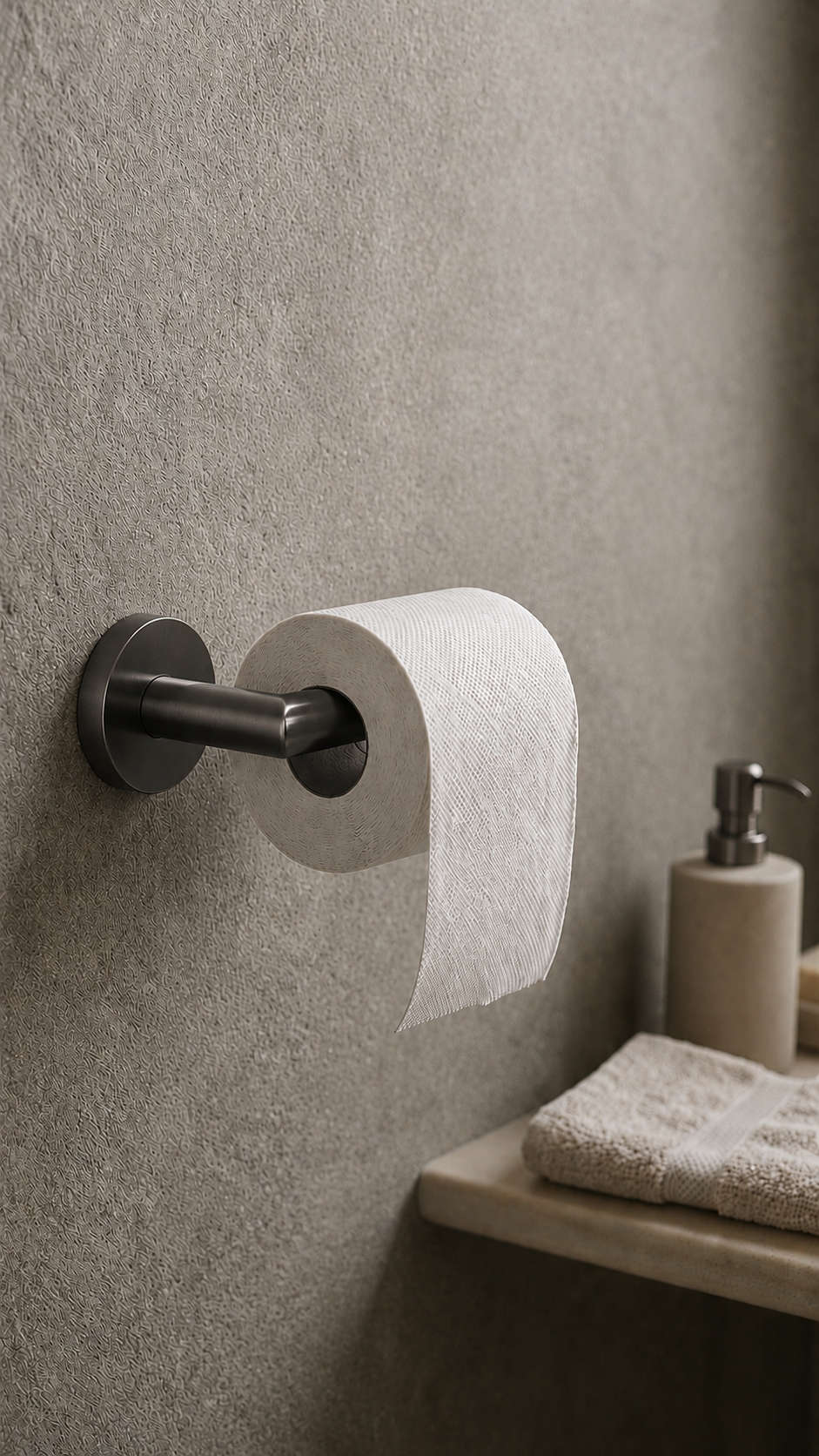 Wall-mounted toilet paper holder with a roll of toilet paper on a textured wall.