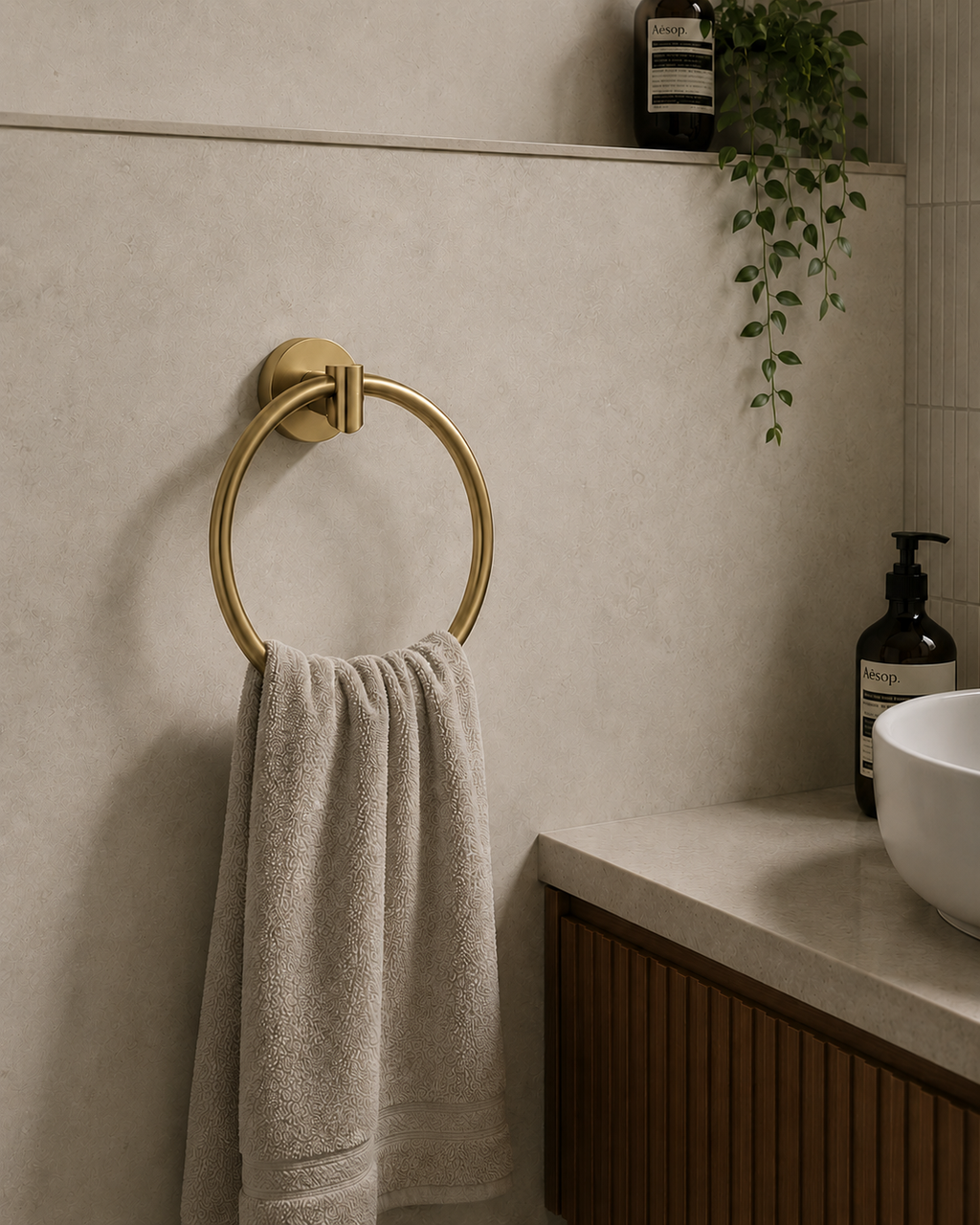 Gold towel ring with a beige towel on a bathroom wall, next to a sink and bottles.