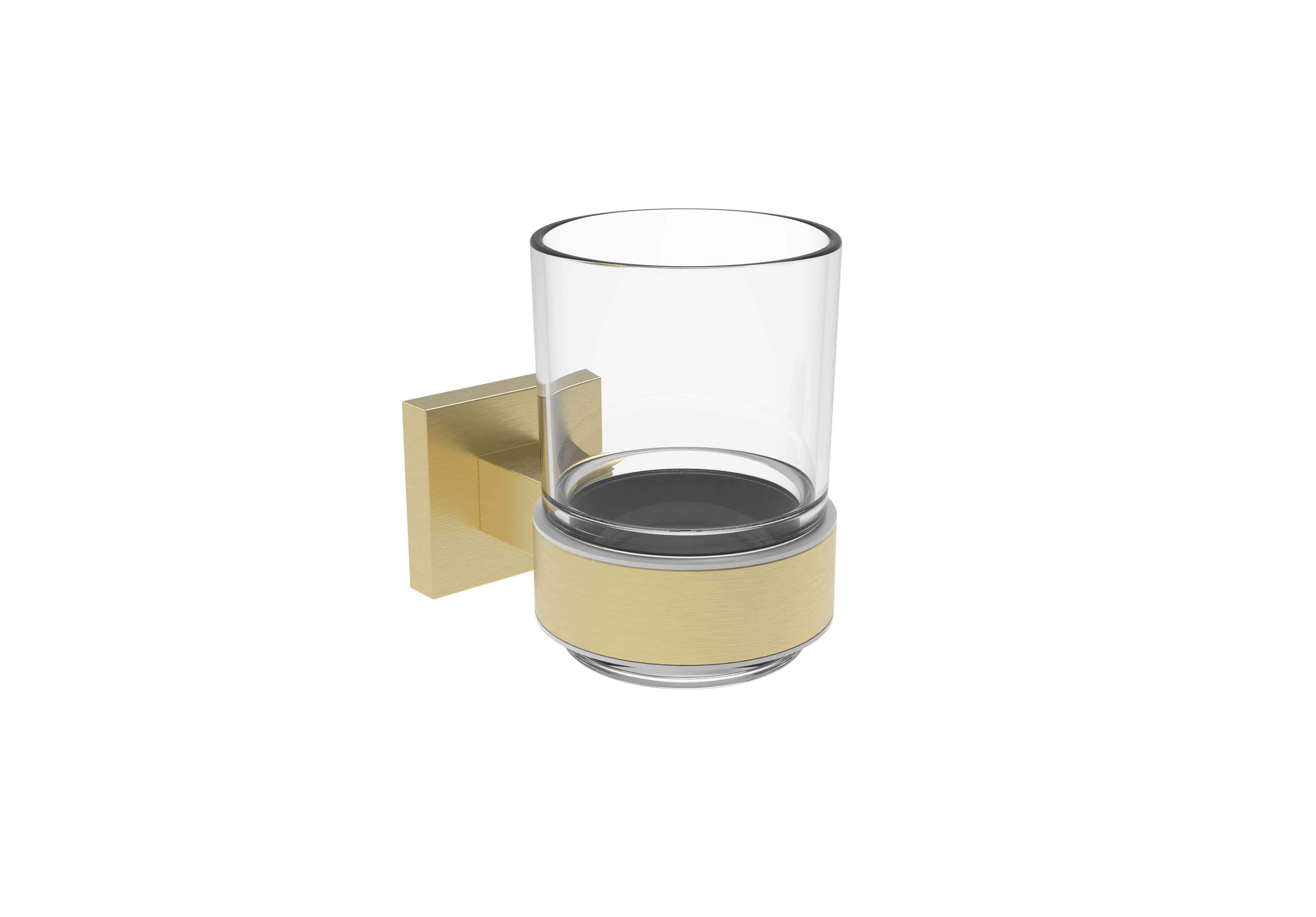 Gold wall-mounted toothbrush holder with a clear glass cup on a white background