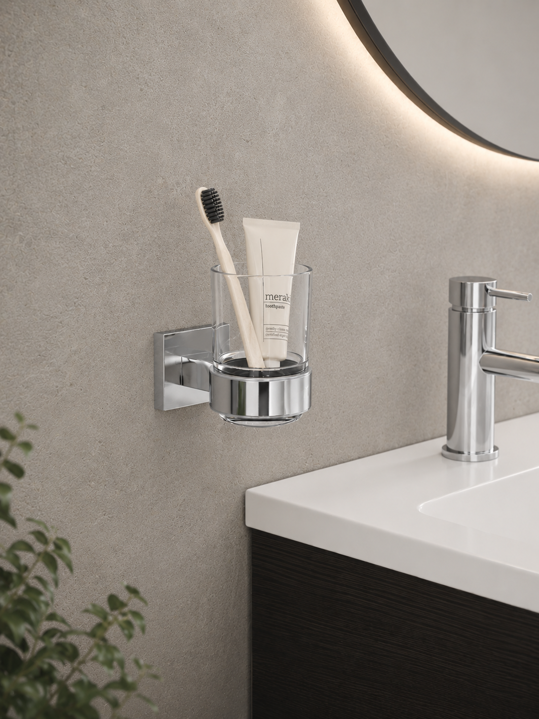 Bathroom setting with a toothbrush, toothpaste, and glass holder on a gray wall.