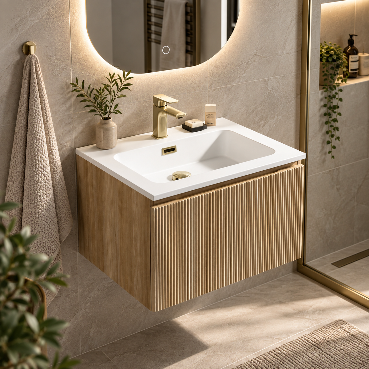 A modern wall-mounted bathroom vanity with a white rectangular sink, ribbed light wood cabinet, and a gold faucet, shown in a styled bathroom setting with a mirror, towel, and plants.