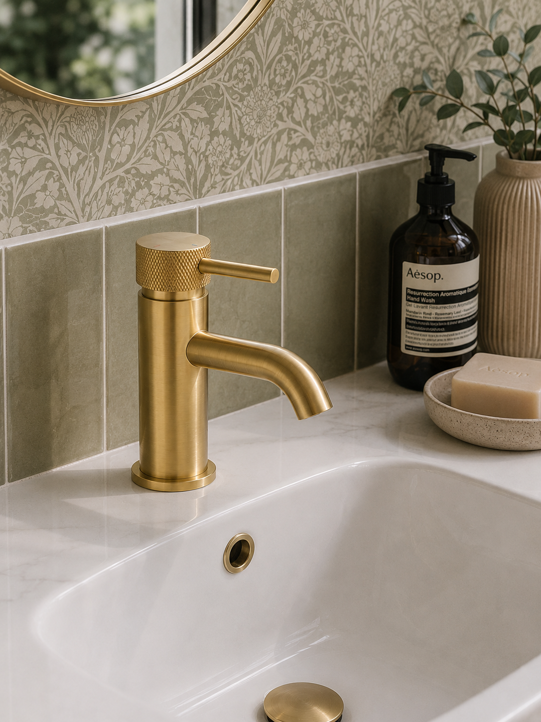 Gold faucet on a white sink with Aesop bottle and soap bar in a bathroom setting.