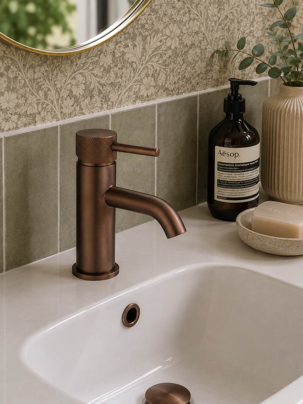 Bronze faucet on a bathroom sink with Aesop product and decorative elements.