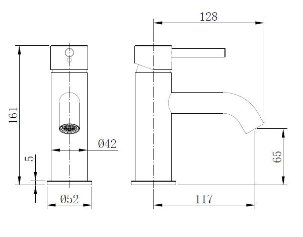 Technical drawing of a faucet with dimensions
