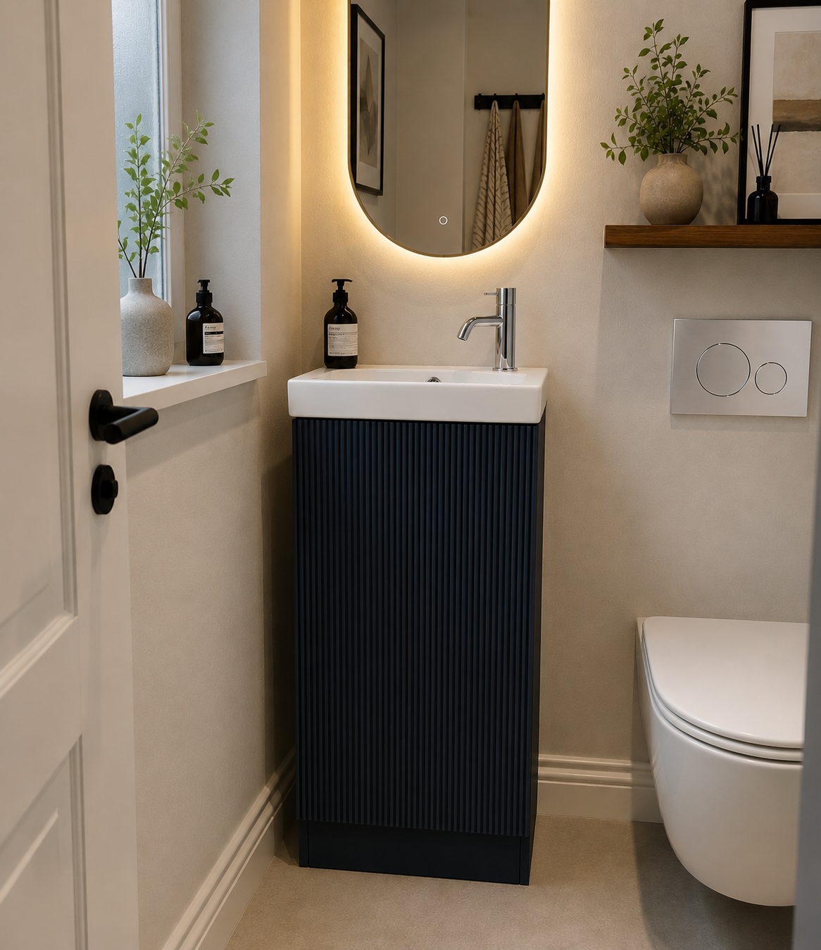 Modern bathroom with a black vanity unit, white sink, and toilet.