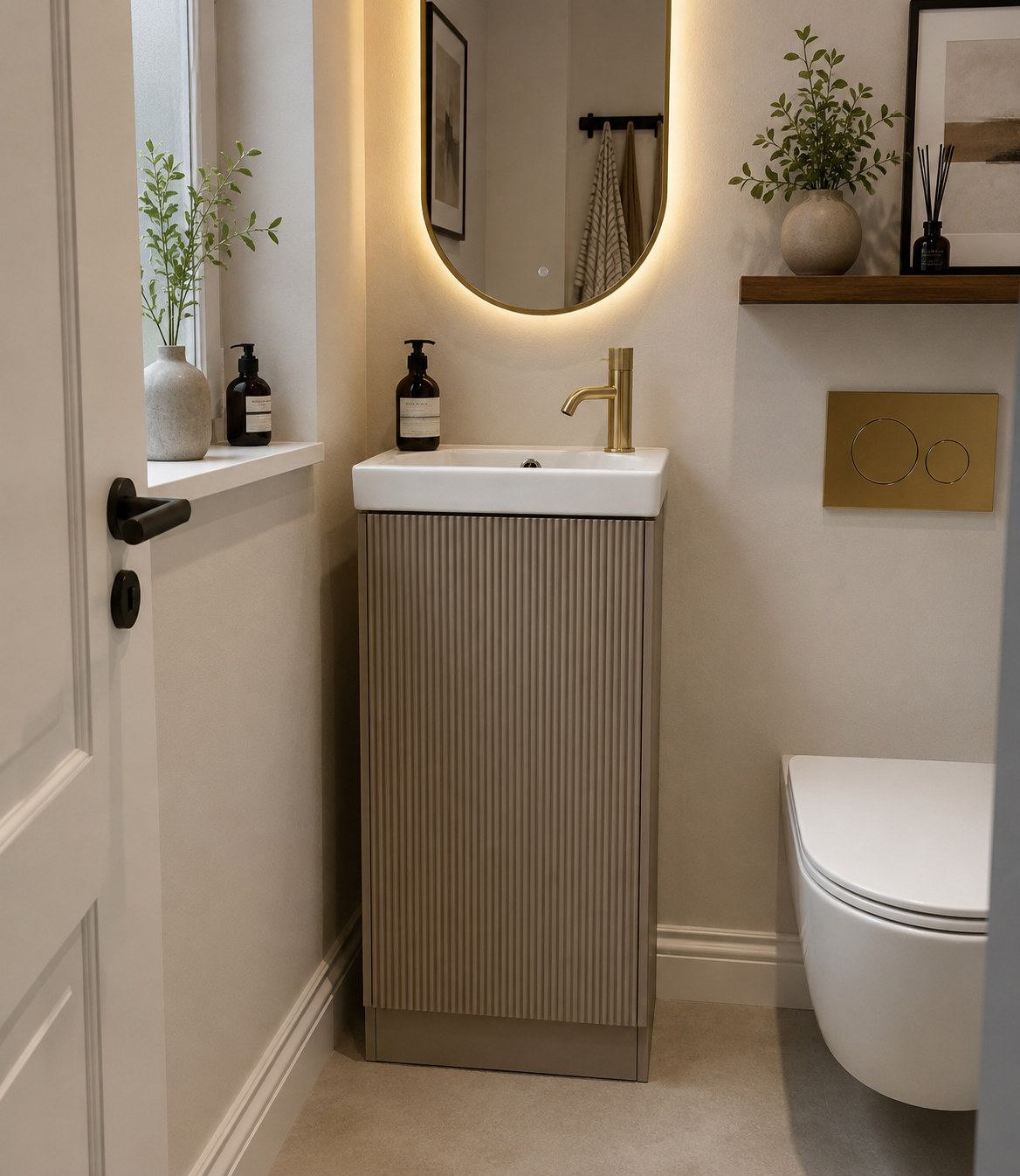 Modern bathroom with a sink unit, mirror, and decorative elements.