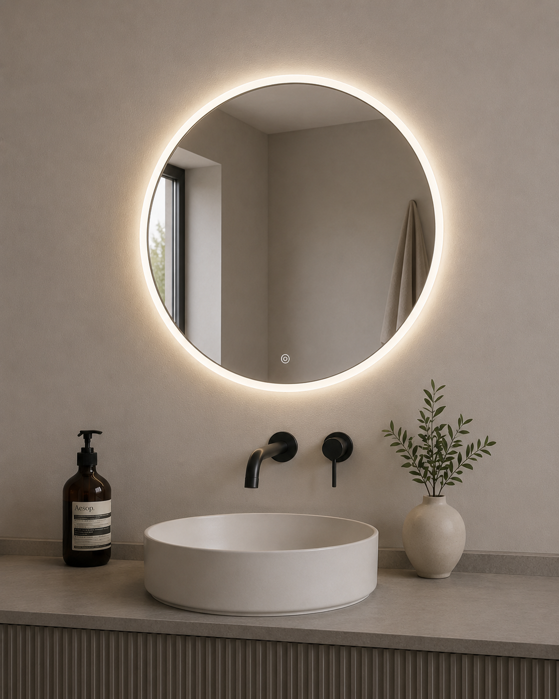 Bathroom vanity with round illuminated mirror, sink, and decorative elements.