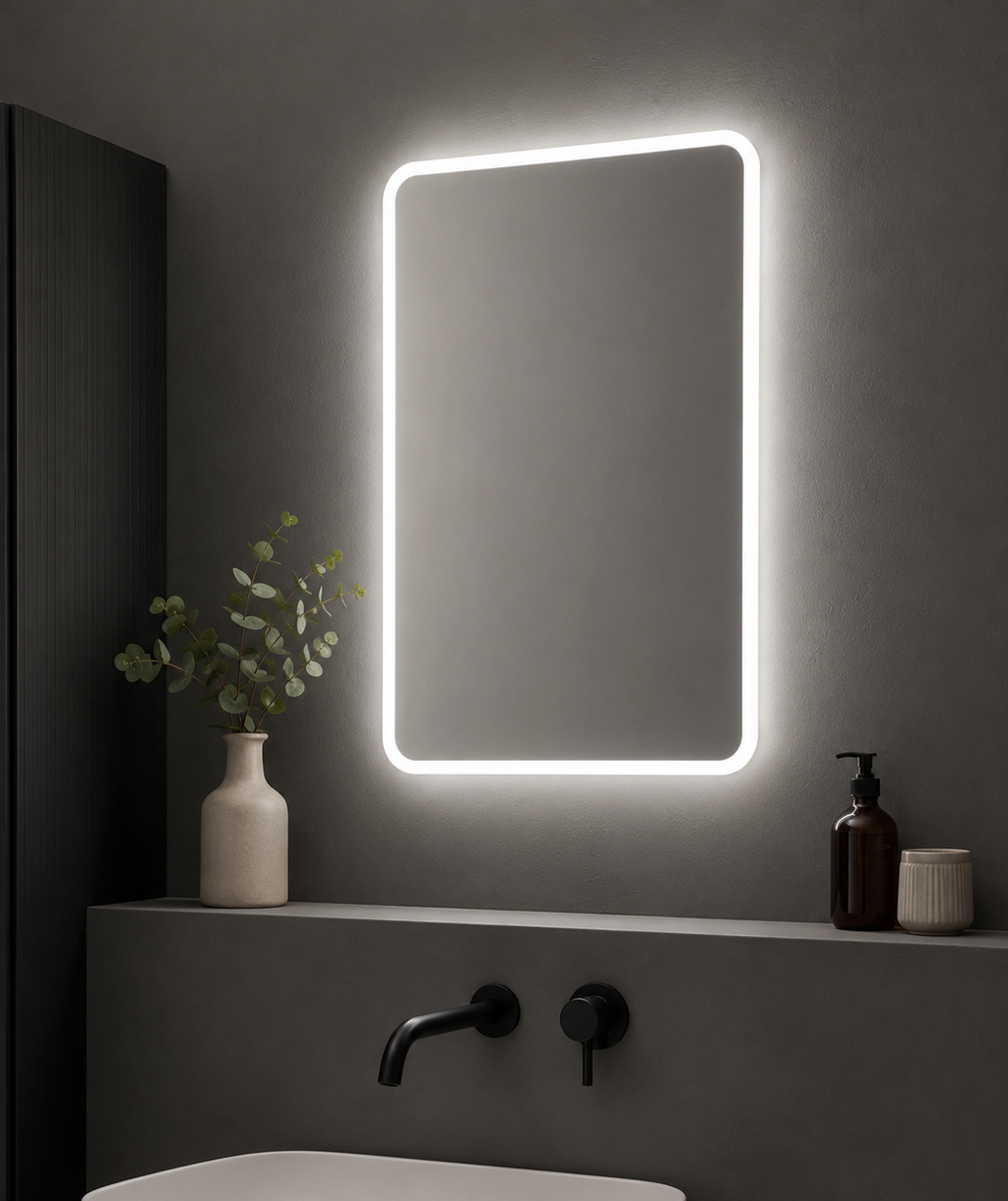 Bathroom vanity with a illuminated mirror, plant, and toiletries.