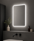 Bathroom vanity with a illuminated mirror, plant, and toiletries.