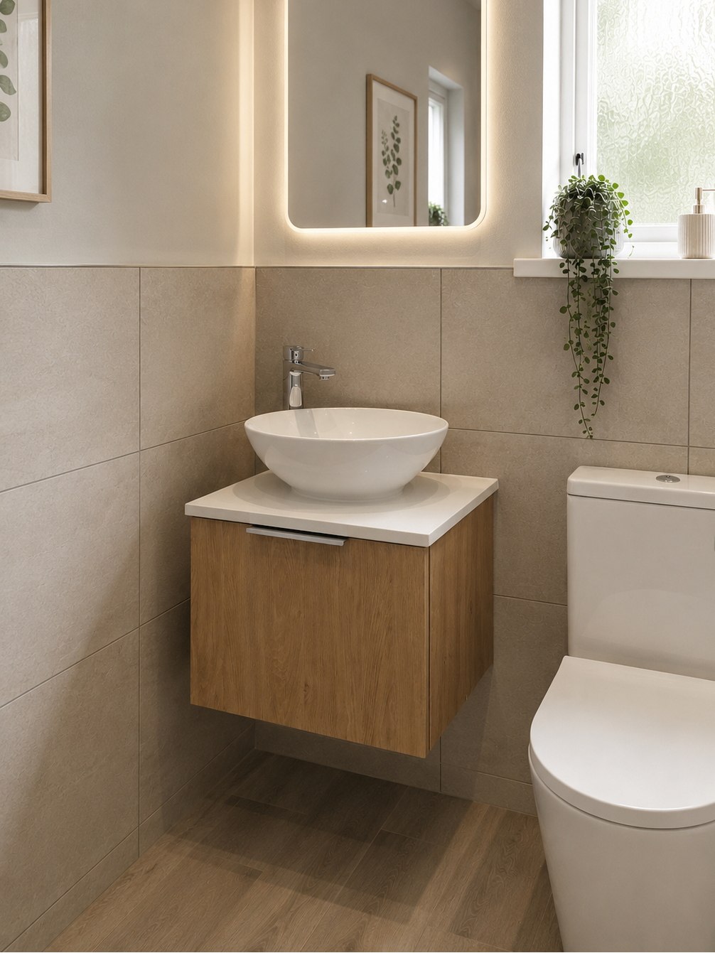 leymere unit with led mirror above in small bathroom