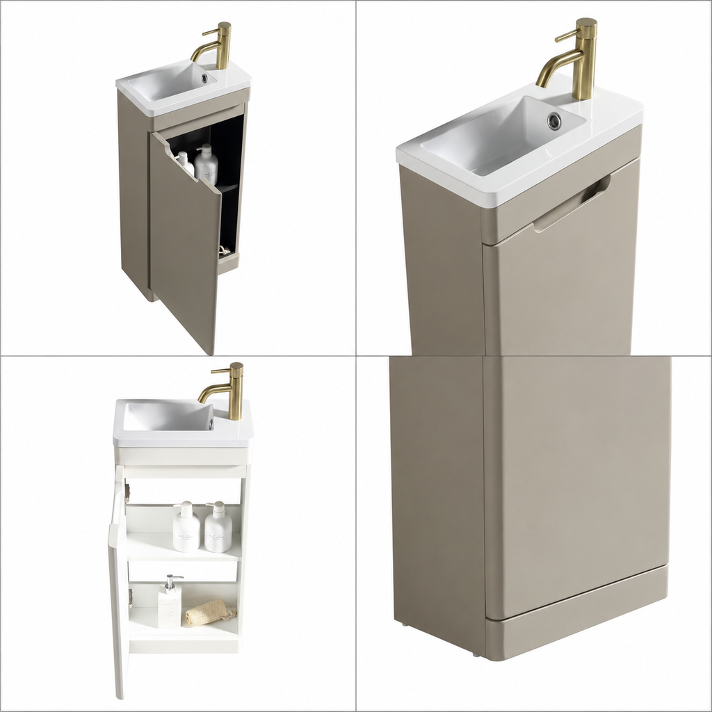 Bathroom vanity with sink and storage compartments on a white background