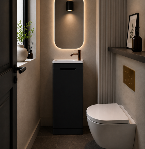 Modern bathroom with a toilet and sink unit, featuring a neutral color palette.