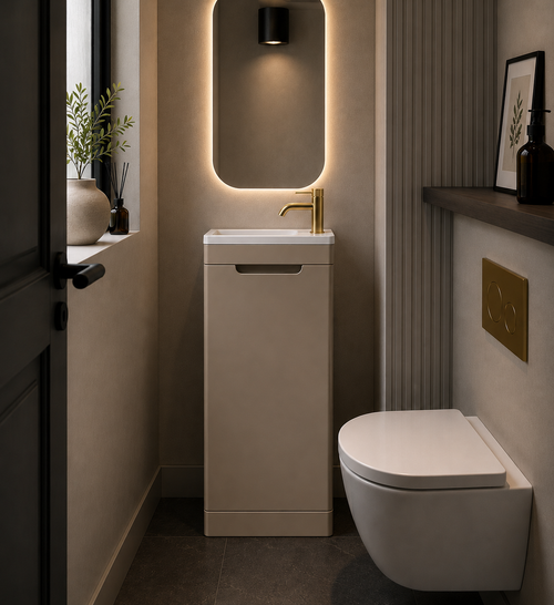 Modern bathroom with a toilet and sink unit, featuring a mirror with lighting.