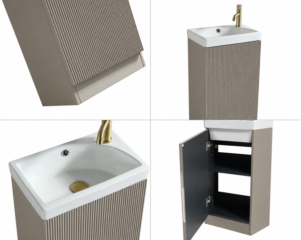 Bathroom vanity with sink and cabinet, featuring a textured finish.