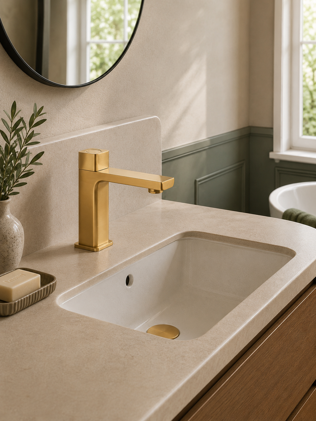 Bathroom sink with gold faucet and beige countertop