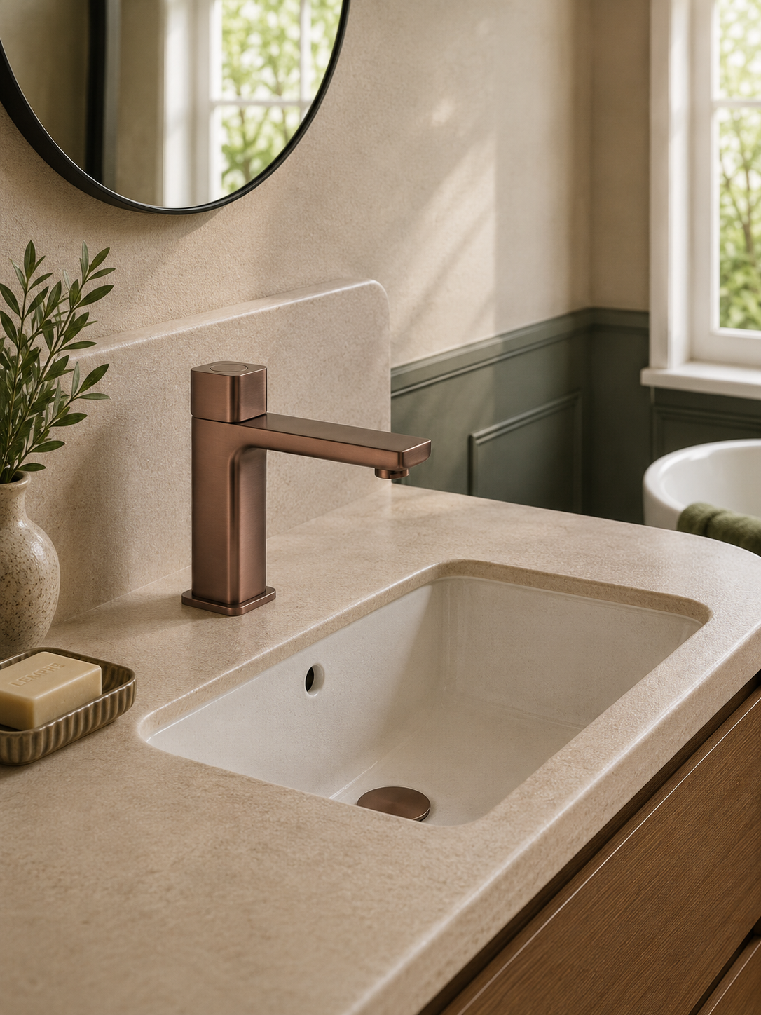 Bathroom vanity with sink, faucet, and decorative elements.