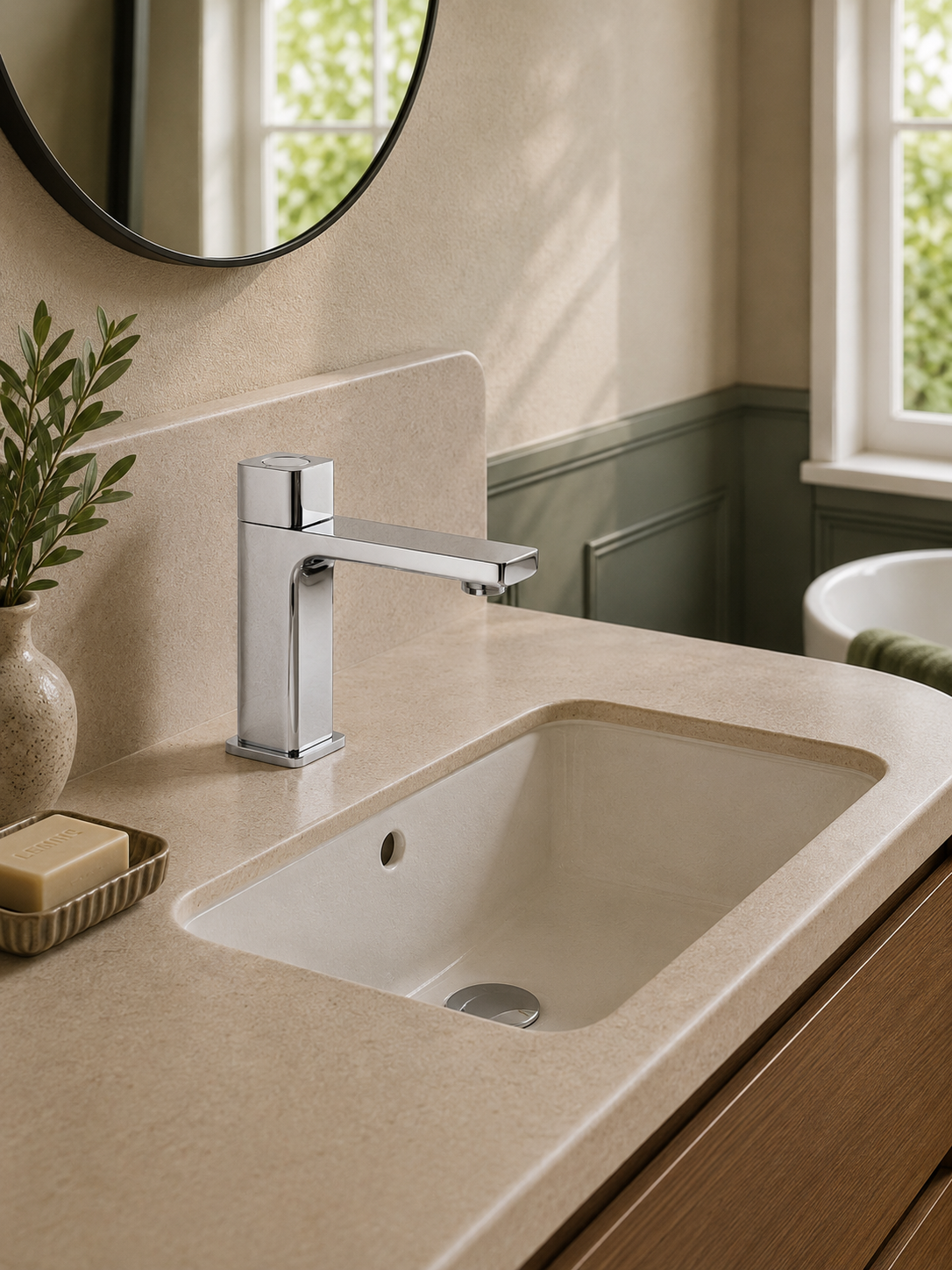Bathroom sink with faucet and decorative elements in a well-lit bathroom.