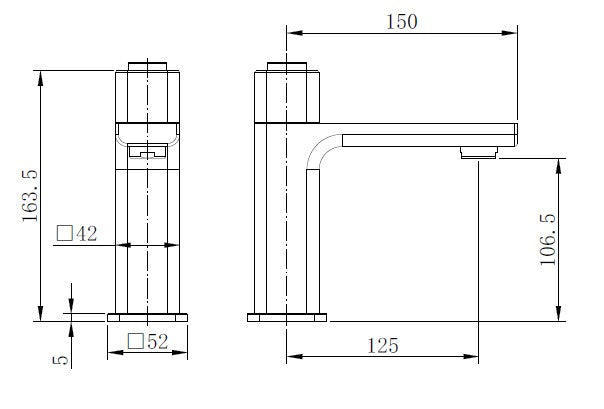 Technical drawing of a faucet with dimensions labeled