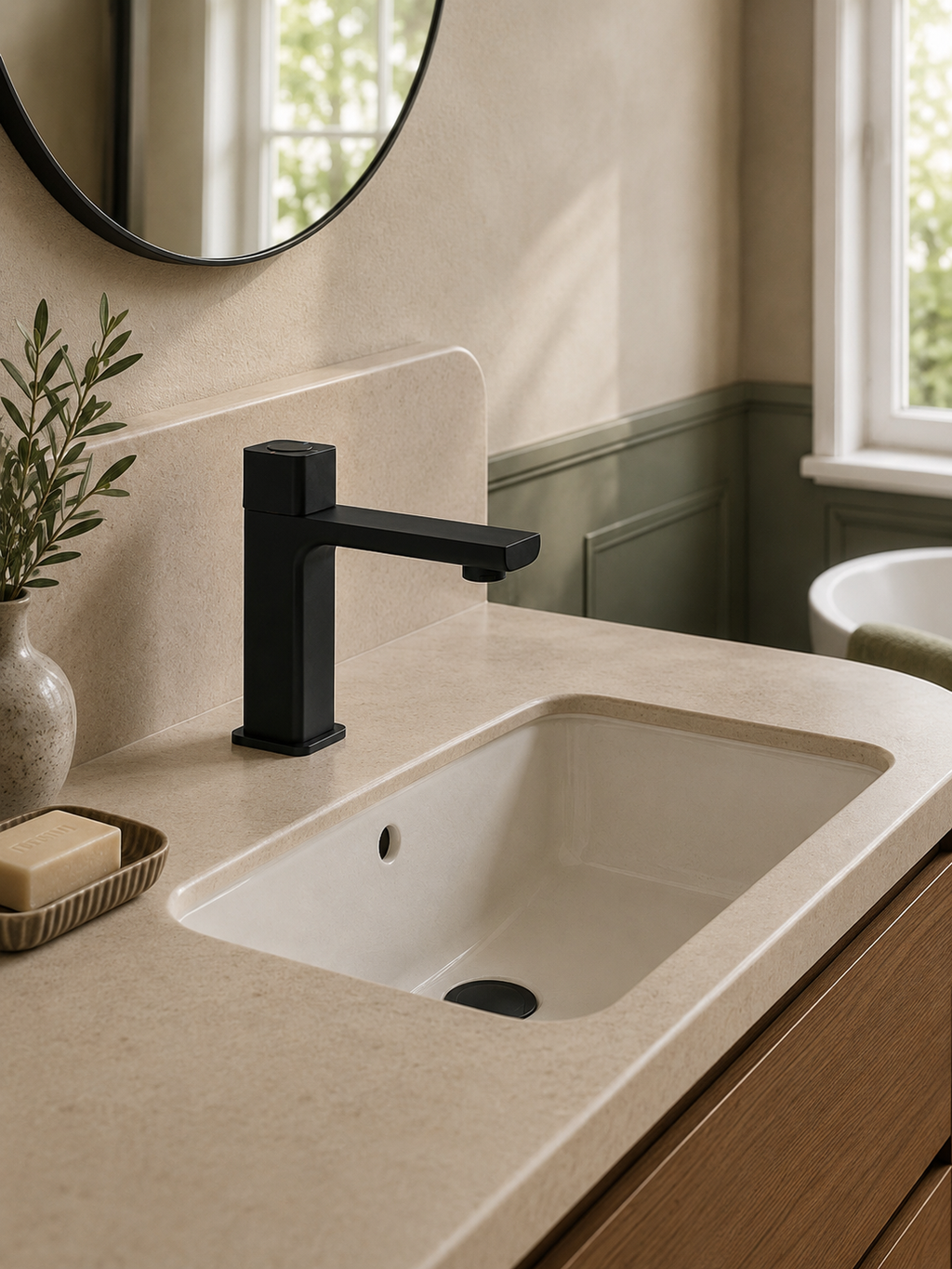 Bathroom sink with black faucet and beige countertop