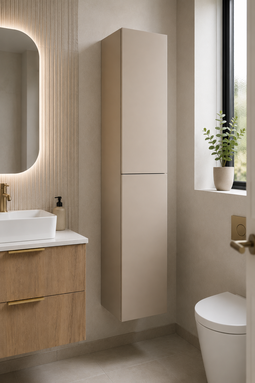A modern bathroom interior featuring a tall, minimalist beige wall-mounted cabinet. The scene includes a light wood vanity with a white vessel sink, a glowing illuminated mirror, a window with a small potted plant, and a white toilet.