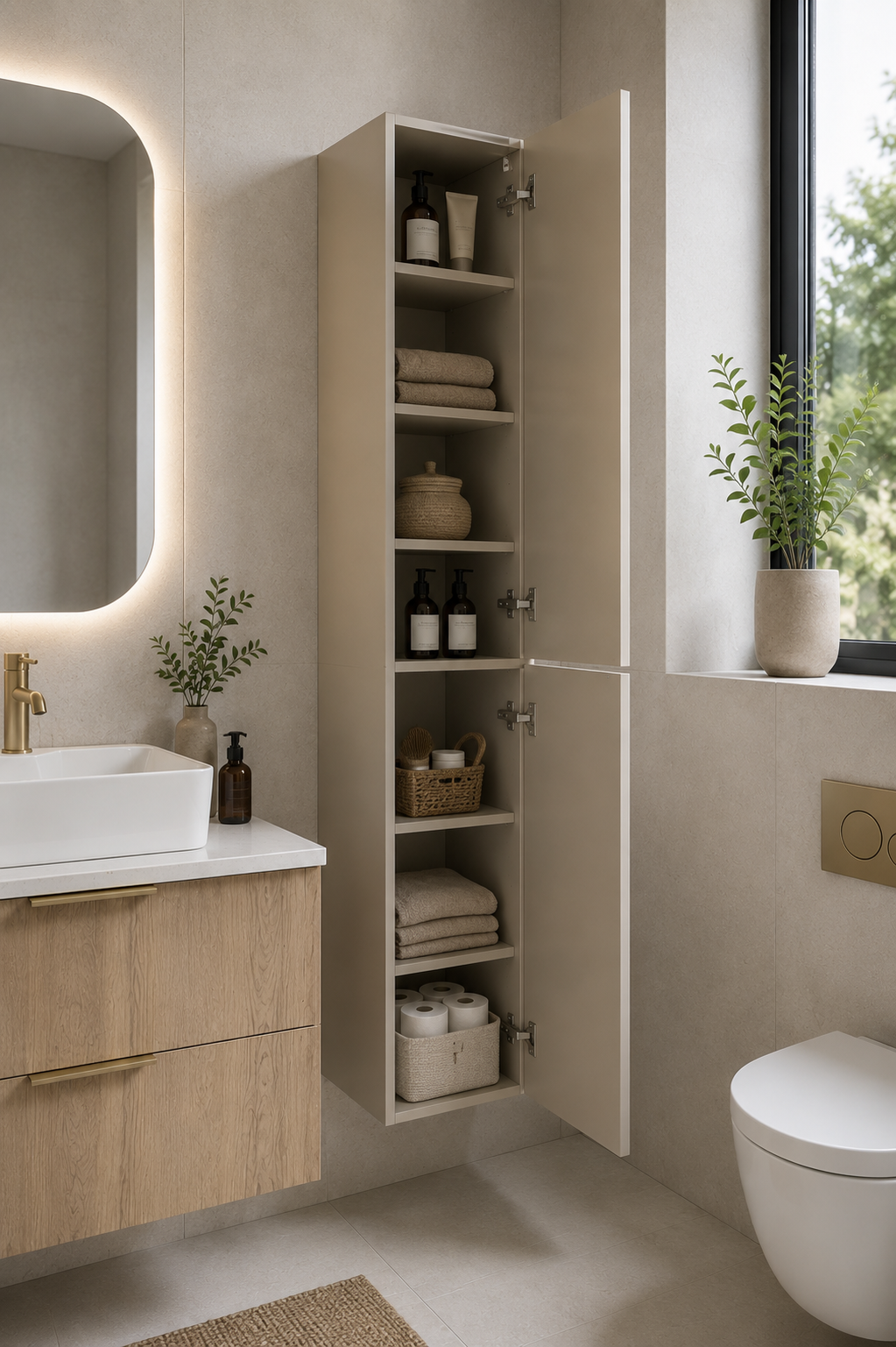 A tall, narrow bathroom storage cabinet with open shelves stands between a vanity and a toilet. The cabinet is light beige and contains folded towels, toiletries, and baskets.